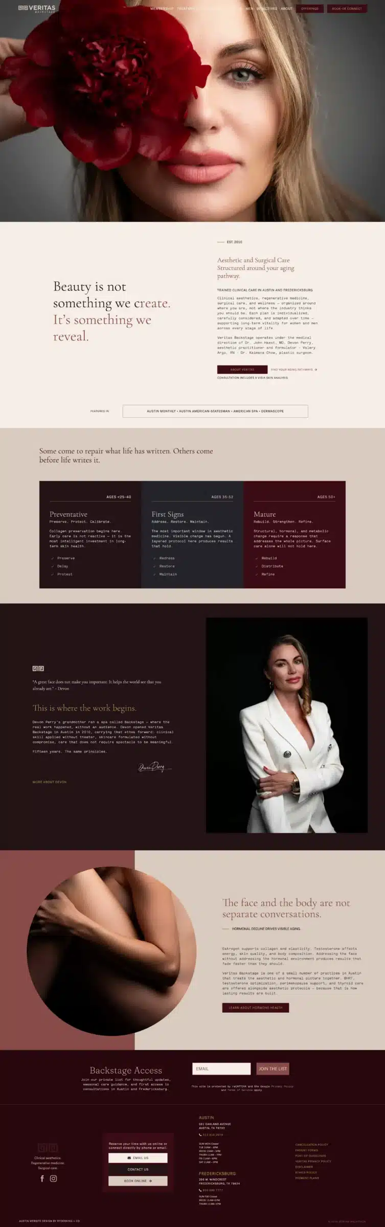 Custom WordPress website design for Veritas Backstage — luxury wellness and aesthetics practice, Austin and Fredericksburg Texas — by Ryderking + Co