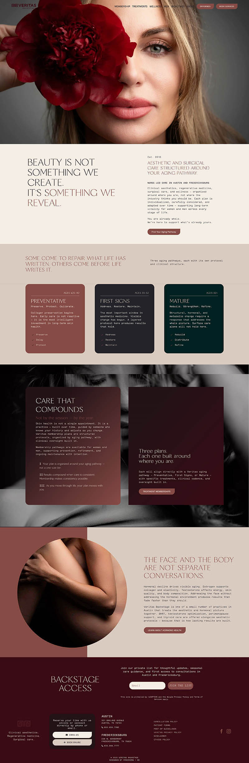 Veritas Backstage website homepage — custom WordPress design by Ryderking + Co, luxury wellness and aesthetics studio Austin and Fredericksburg Texas