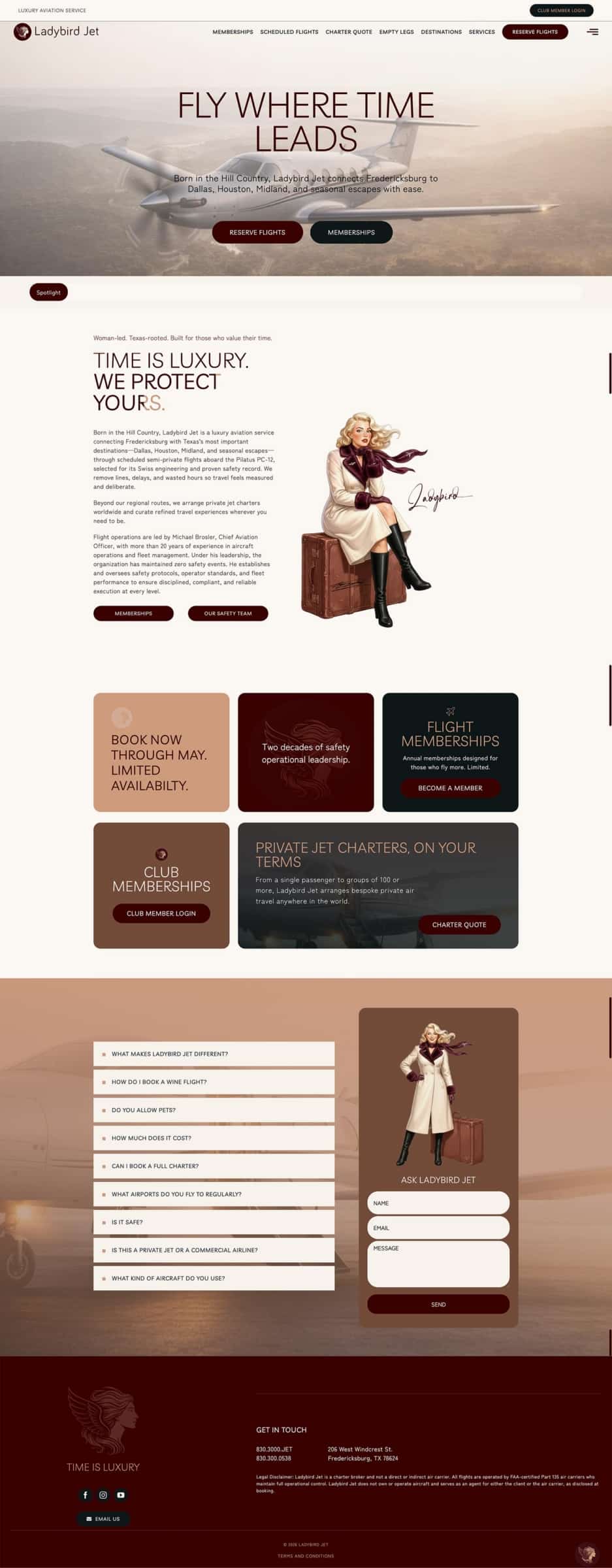 Woman in stylish coat and scarf seated on a suitcase, evoking luxury and nostalgia, against a backdrop of a private jet and soft earth tones, representing Ladybird Jet's elegant aviation services.