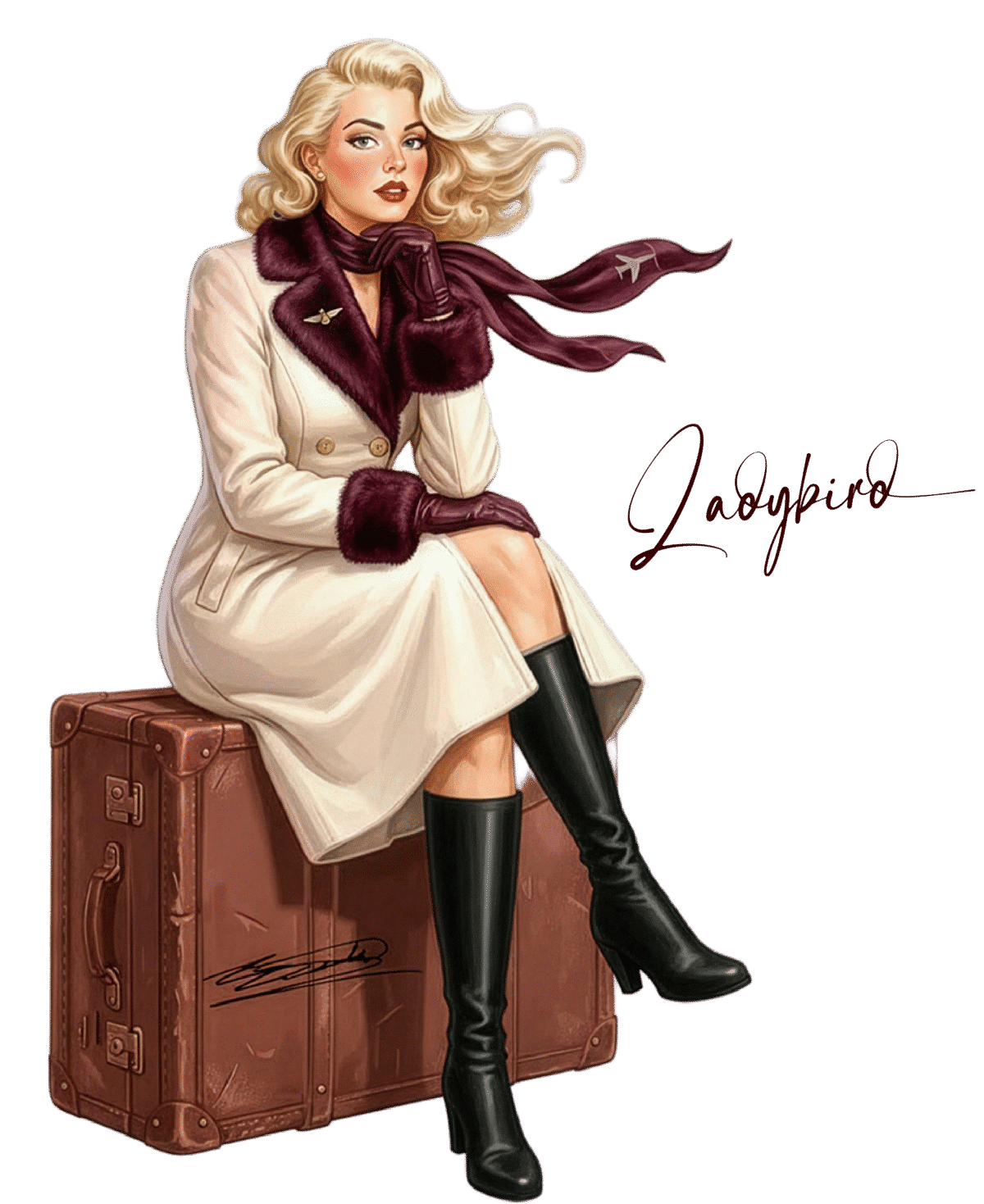Illustration of a stylish woman in a white coat and black boots, seated on a vintage suitcase, with a burgundy scarf and the signature "Ladybird" beside her, representing the premium nature of Ladybird Jet's private charter services.
